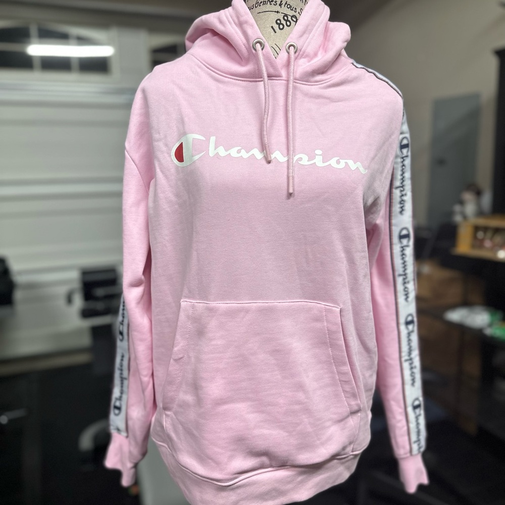 Pink Women Champion Hoodie With Logo On Sleeve